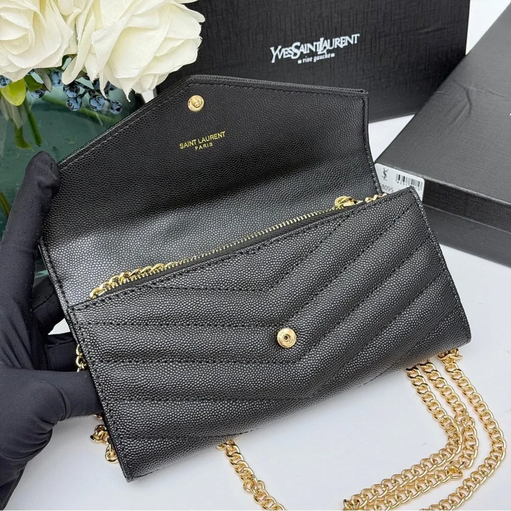 Yves Saint Laurent Black Textured Clutch with Gold Chain